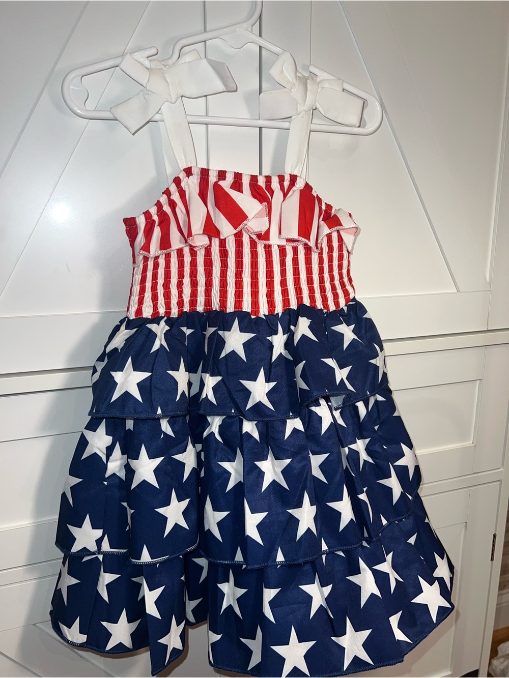 Girls Patriotic Red White & Blue Star Ruffle Dress